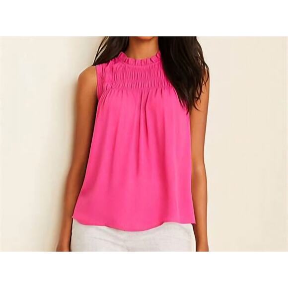 Ann Taylor Tops - NWT $60 Ann Taylor Sz M Hot Pink Smocked Neck Career Sleeveless Satin Feel Top